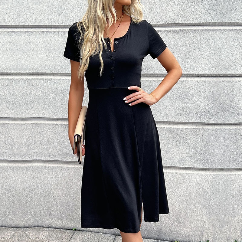 Women's Black Short Sleeve Button Front Midi Dress with Slit