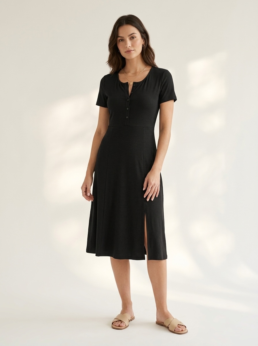 Women's Black Short Sleeve Button Front Midi Dress with Slit