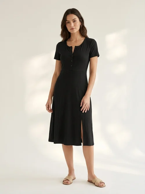 button front midi dress short sleeve Short-Sleeve Button-Front Midi Dress