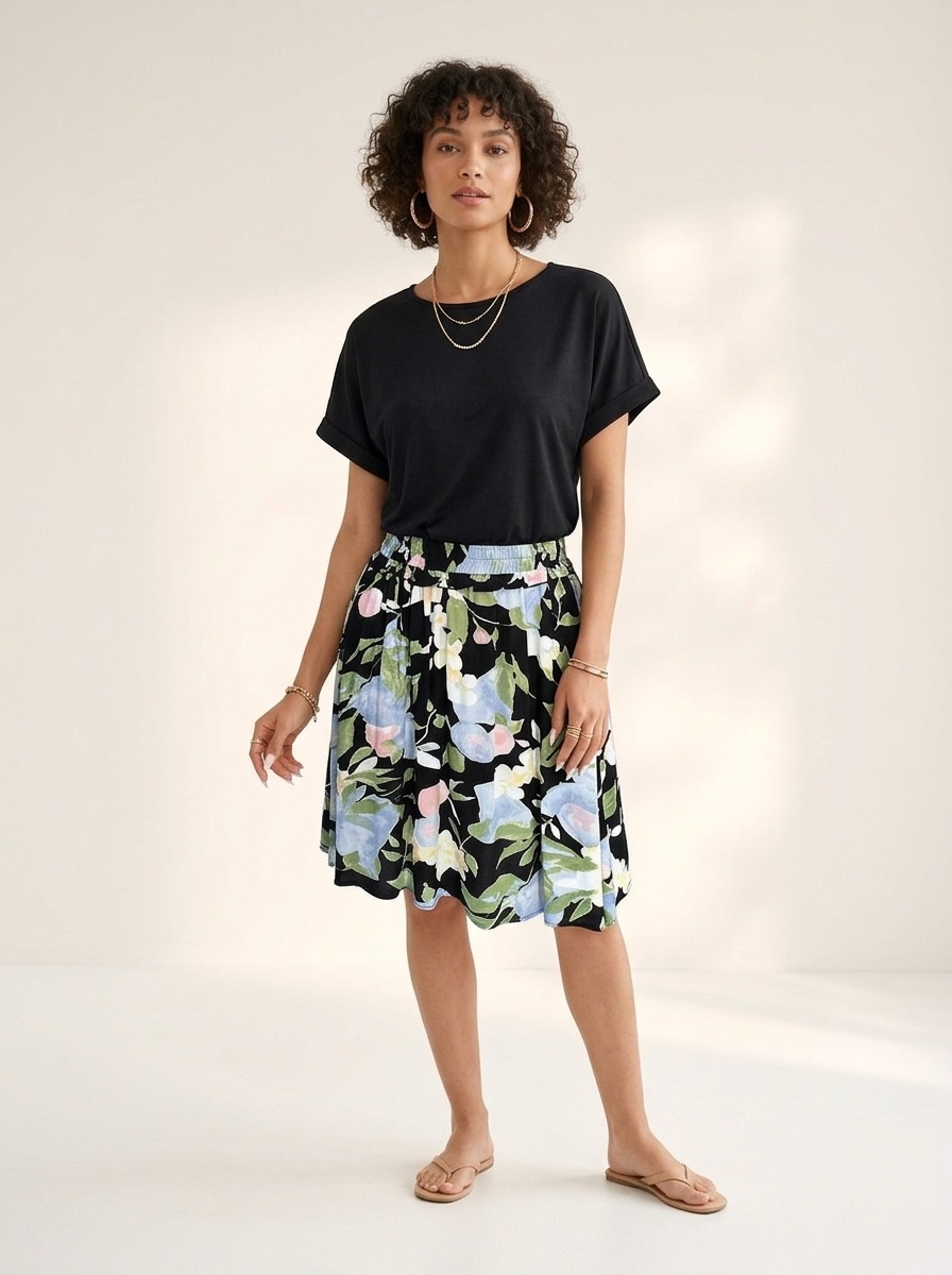 Black Top Floral Skirt Two-Piece Look Casual Dress