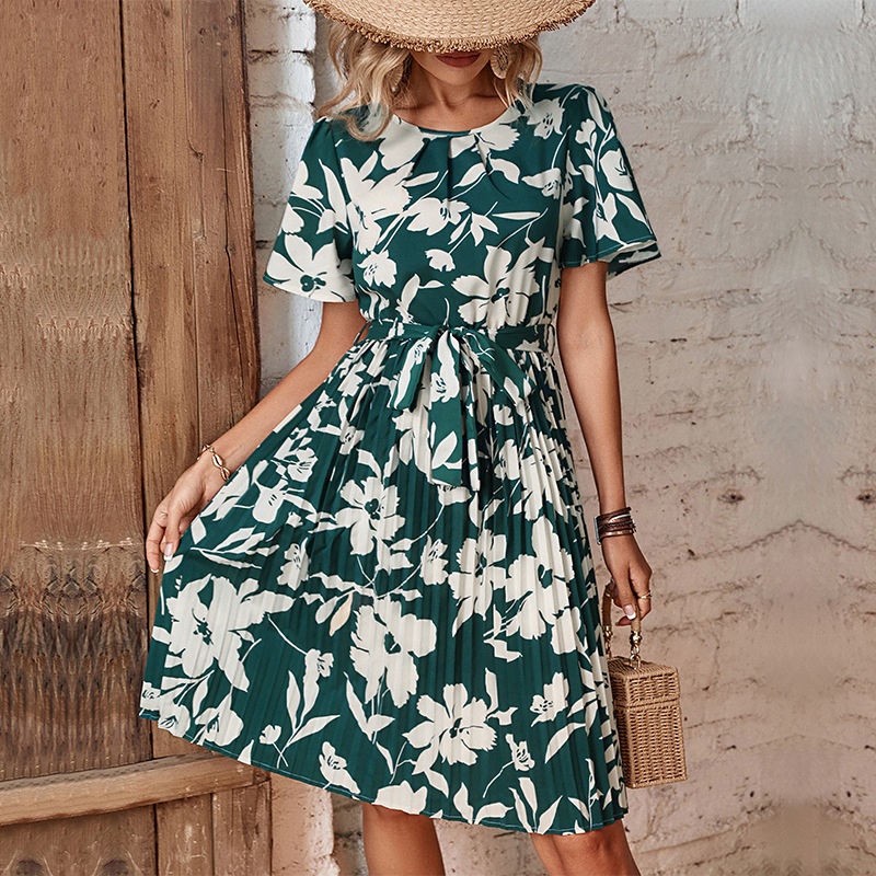 Women's Floral Print Pleated Belted Short Sleeve Midi Dress