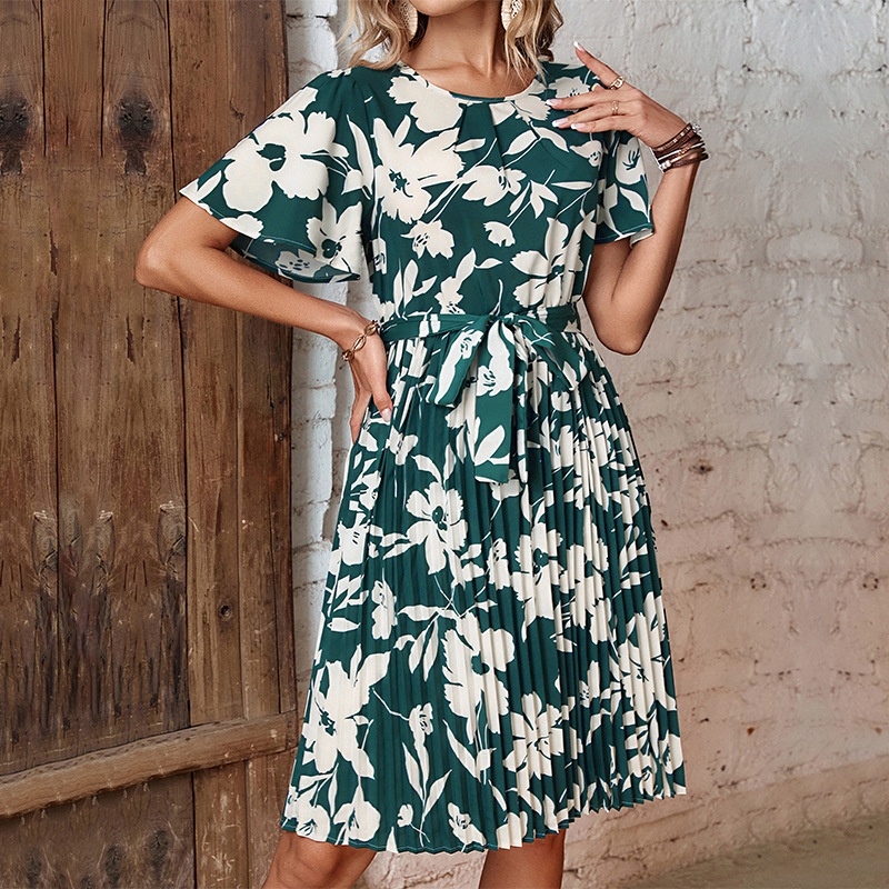 Women's Floral Print Pleated Belted Short Sleeve Midi Dress
