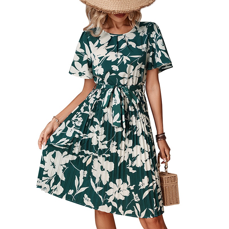 Women's Floral Print Pleated Belted Short Sleeve Midi Dress