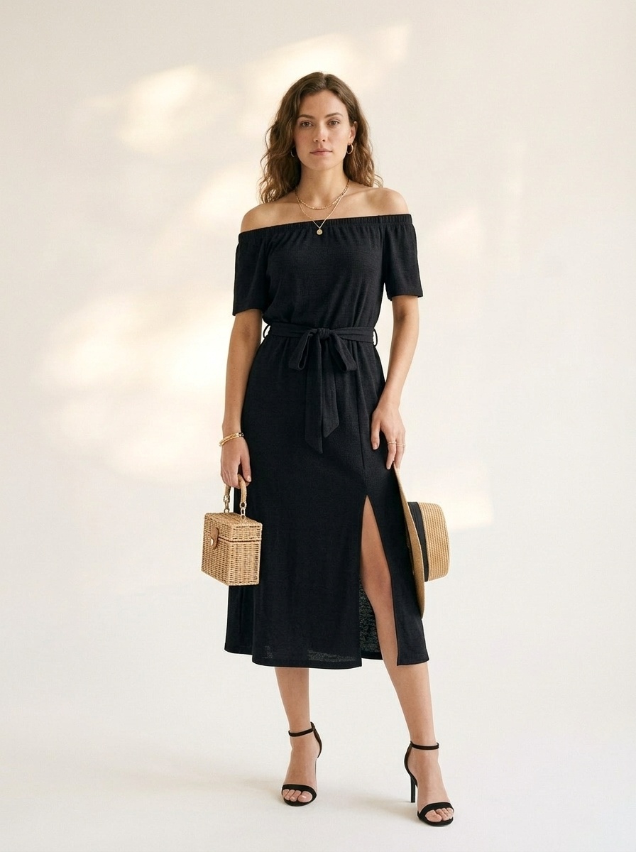 Off Shoulder Midi Dress with Tie-Waist & Side Slit