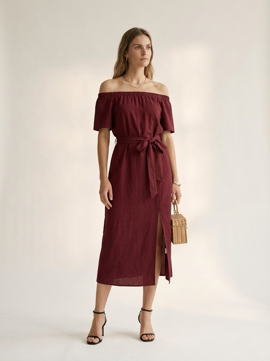 Off Shoulder Midi Dress with Tie-Waist & Side Slit