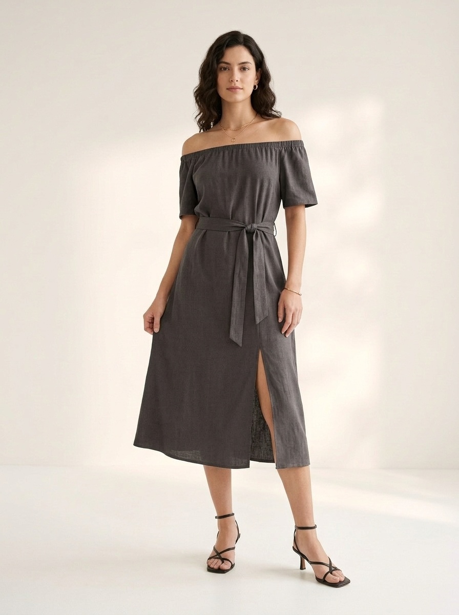 Off Shoulder Midi Dress with Tie-Waist & Side Slit