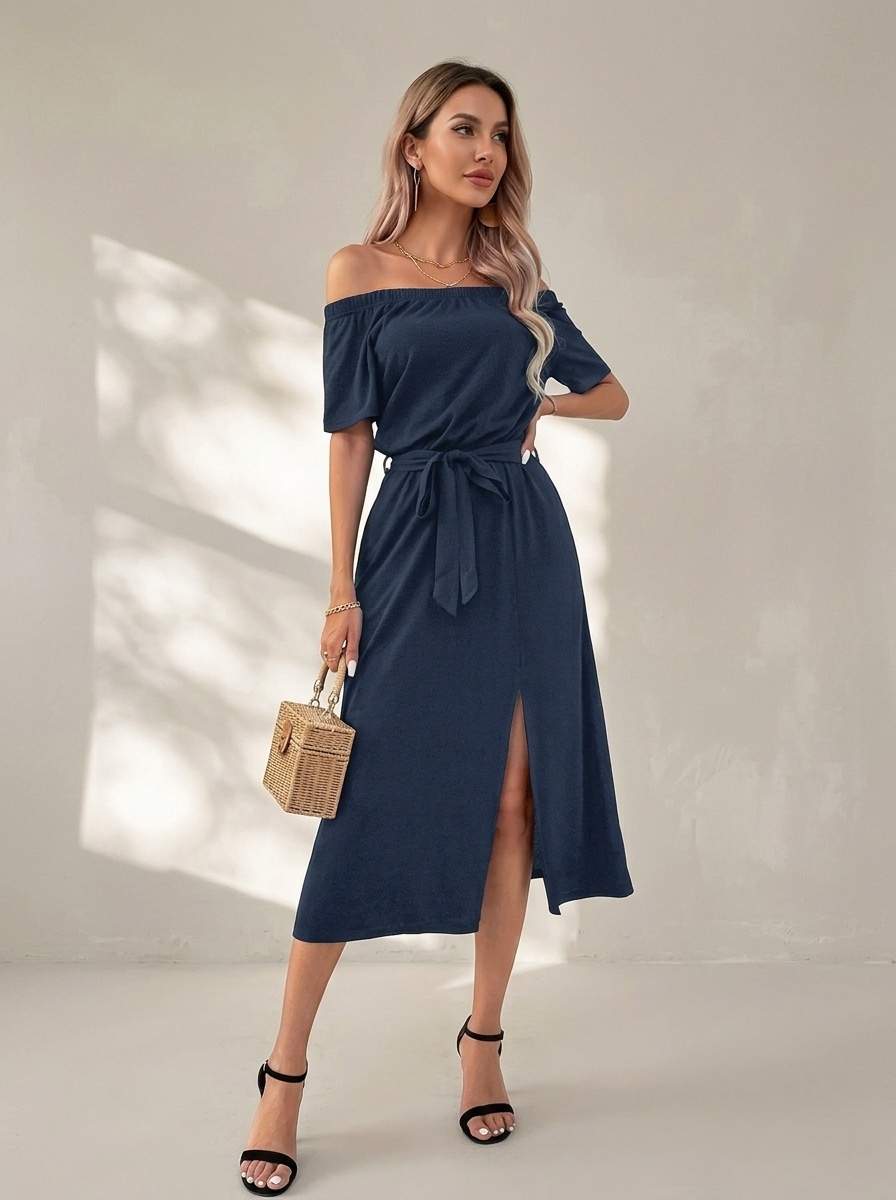 Off Shoulder Midi Dress with Tie-Waist & Side Slit