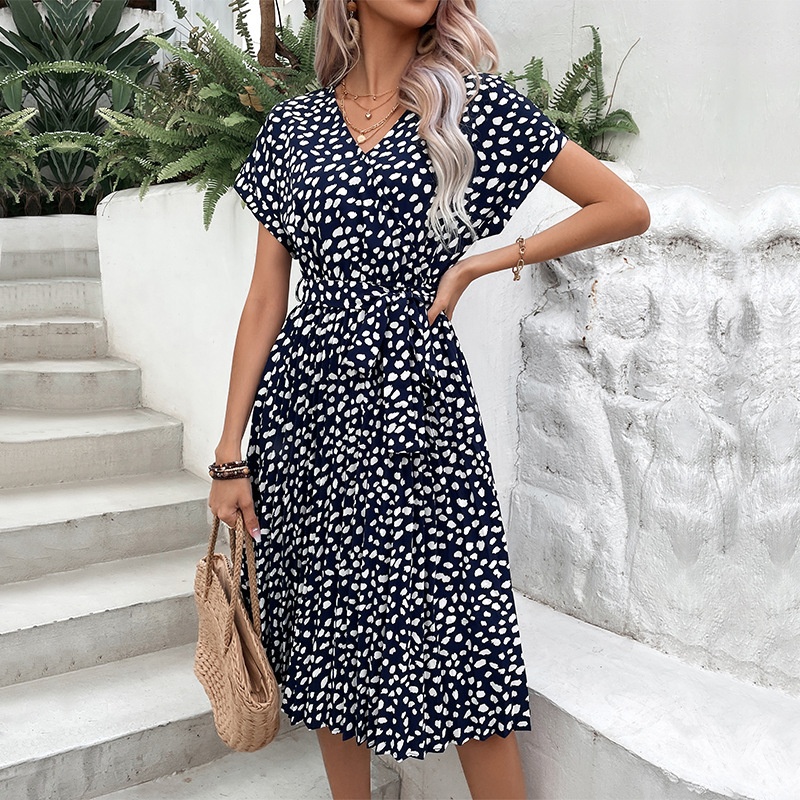 Women's Navy Floral Print V-Neck Tie-Waist Midi Dress