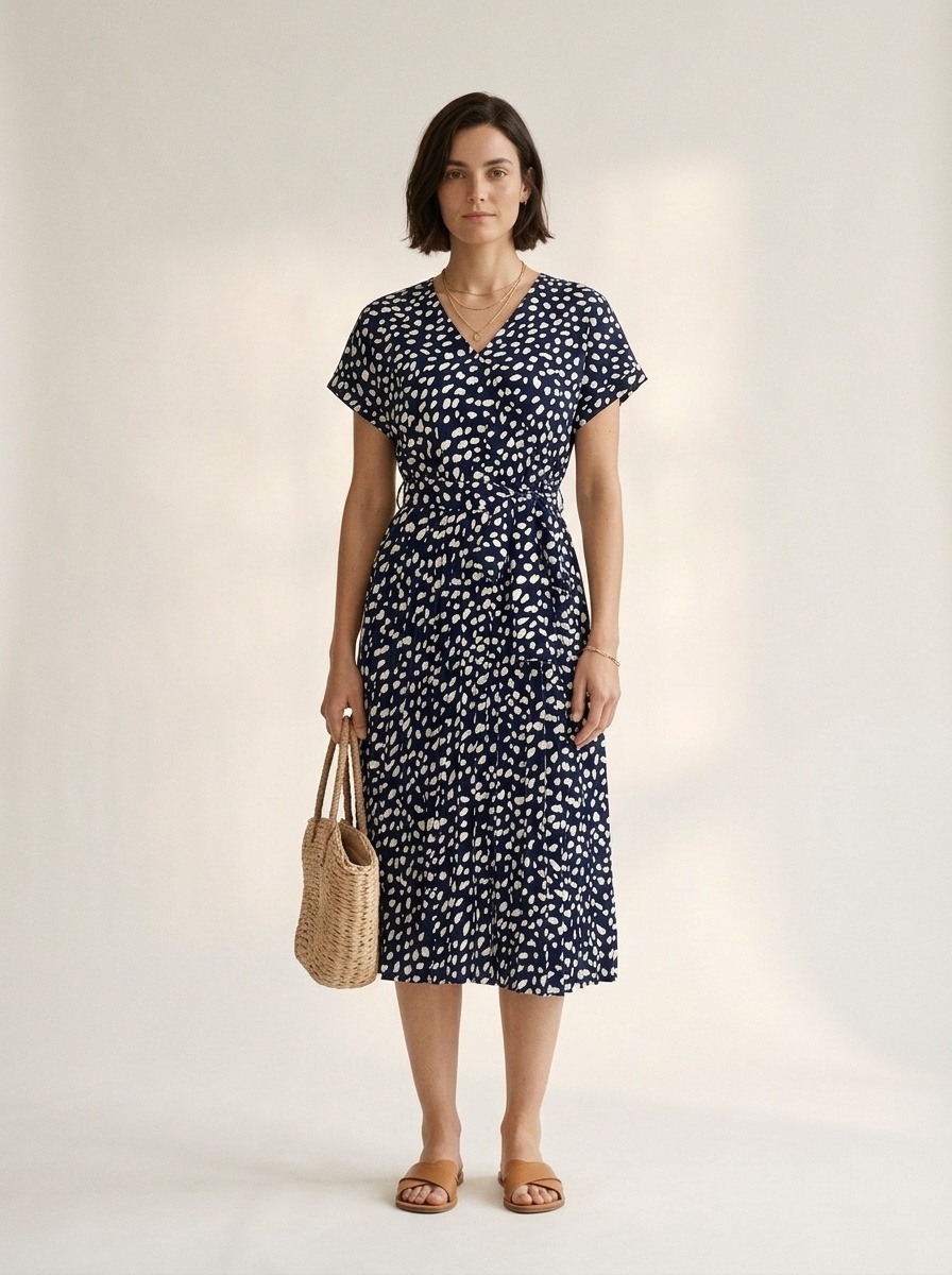 Women's Navy Floral Print V-Neck Tie-Waist Midi Dress