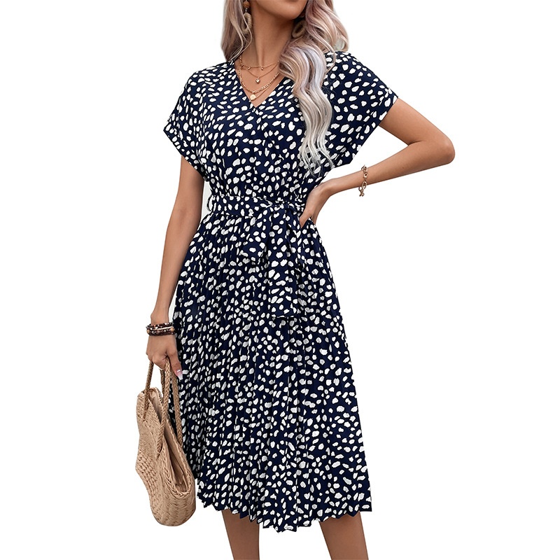 Women's Navy Floral Print V-Neck Tie-Waist Midi Dress