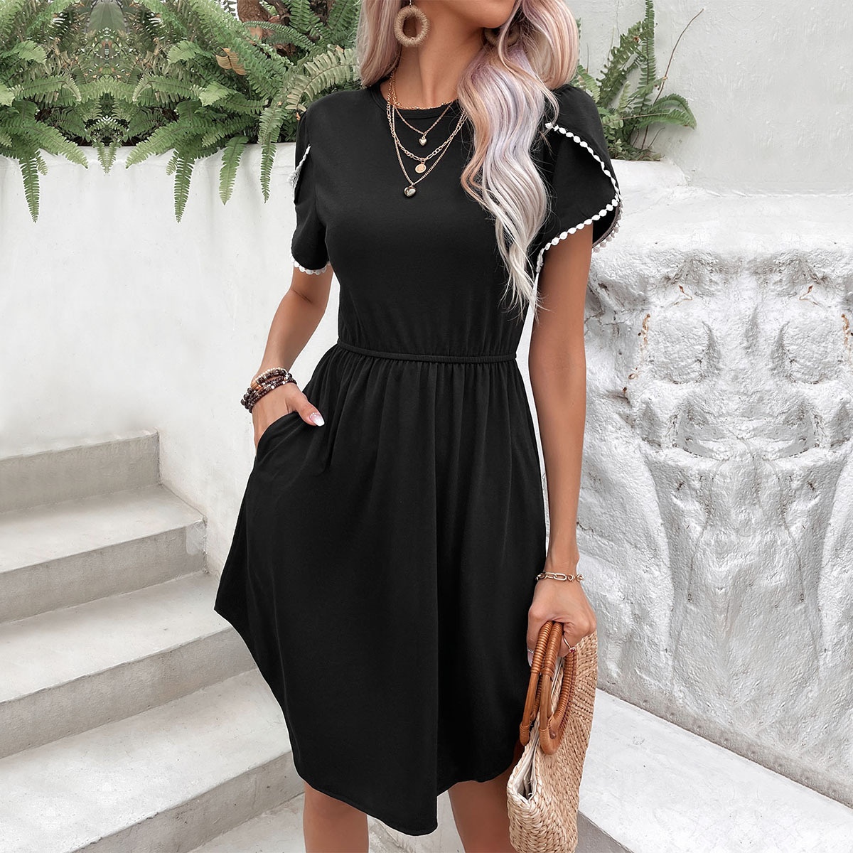 Chic Black Short Sleeve Dress with Pockets & White Trim