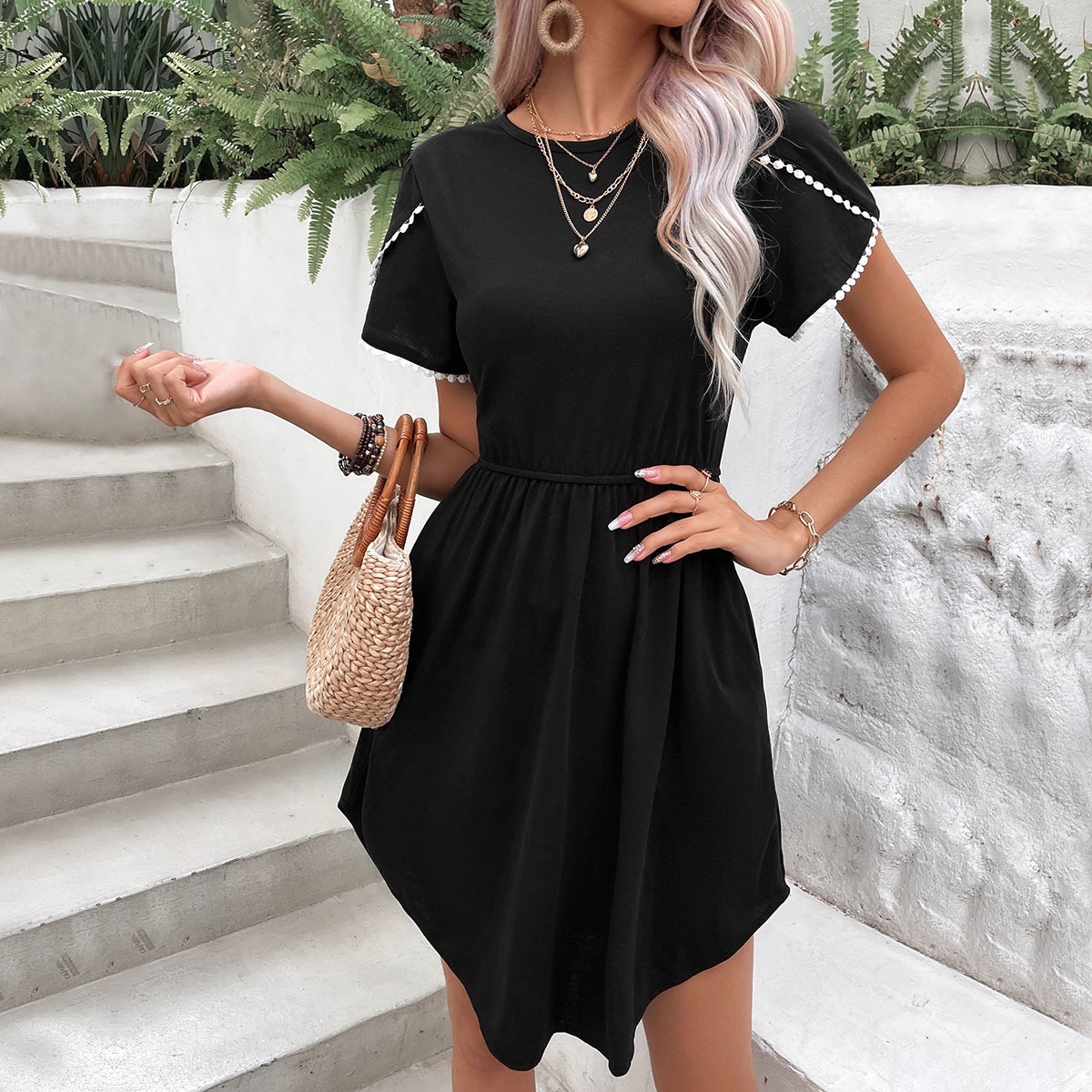 Chic Black Short Sleeve Dress with Pockets & White Trim