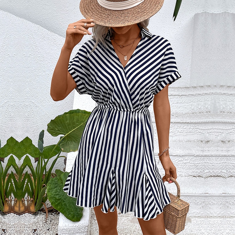 Striped V-Neck Mini Dress - Short Sleeve Casual Summer