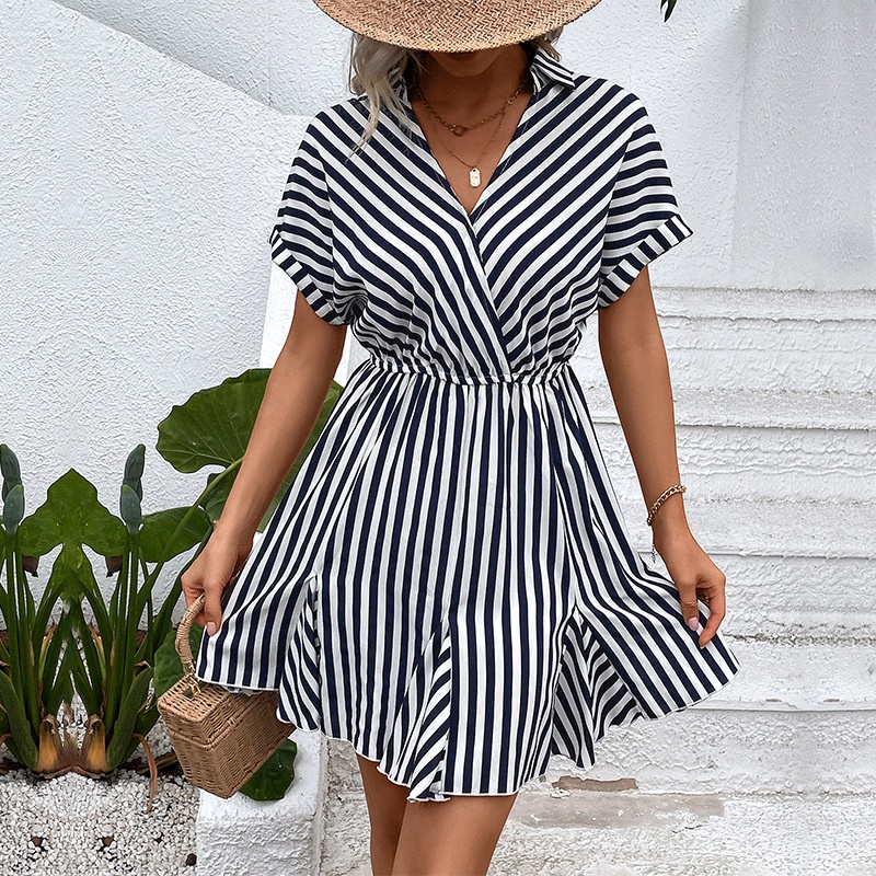 Striped V-Neck Mini Dress - Short Sleeve Casual Summer