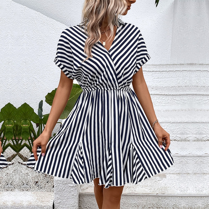 Striped V-Neck Mini Dress - Short Sleeve Casual Summer