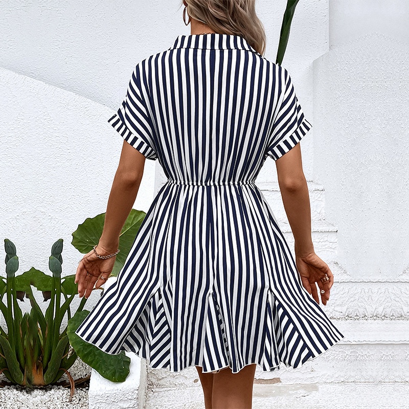Striped V-Neck Mini Dress - Short Sleeve Casual Summer