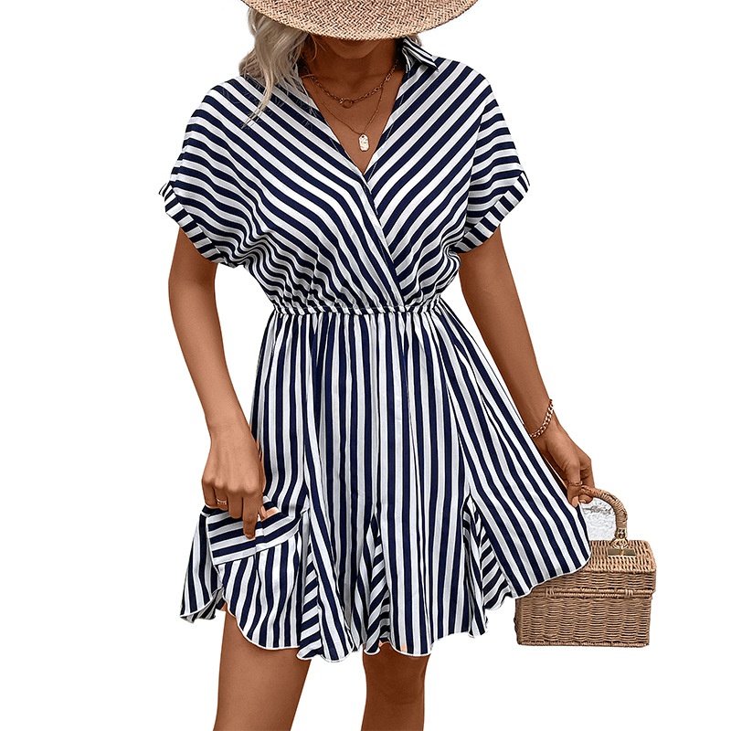 Striped V-Neck Mini Dress - Short Sleeve Casual Summer