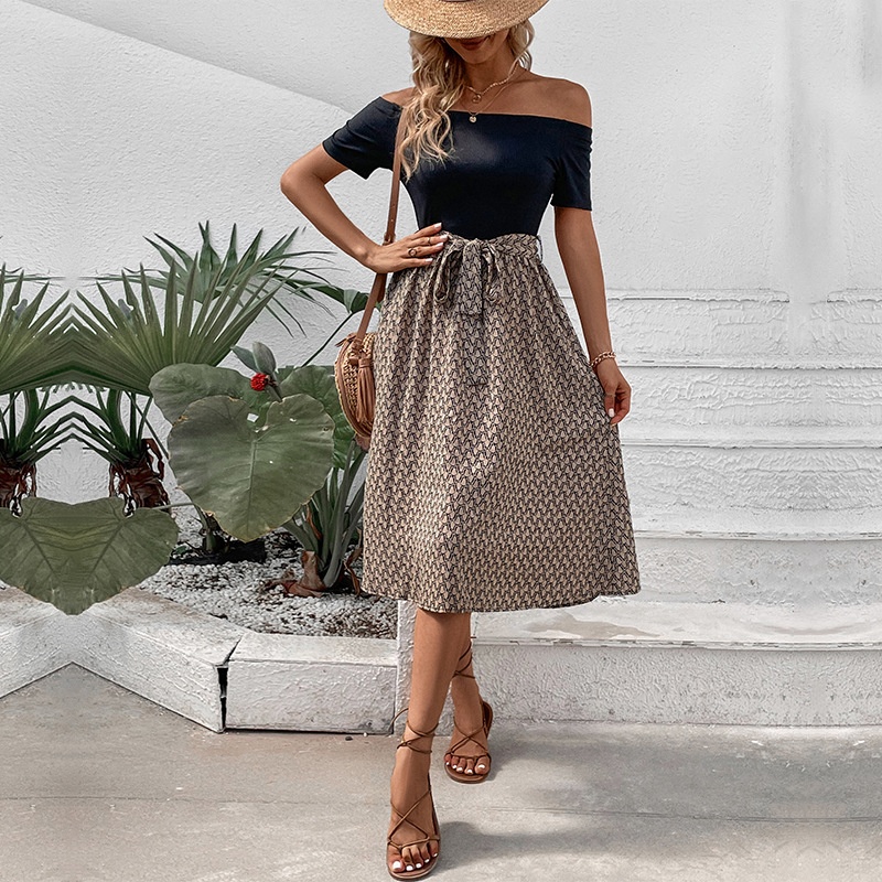 Chic Off Shoulder Black & Print Midi Dress