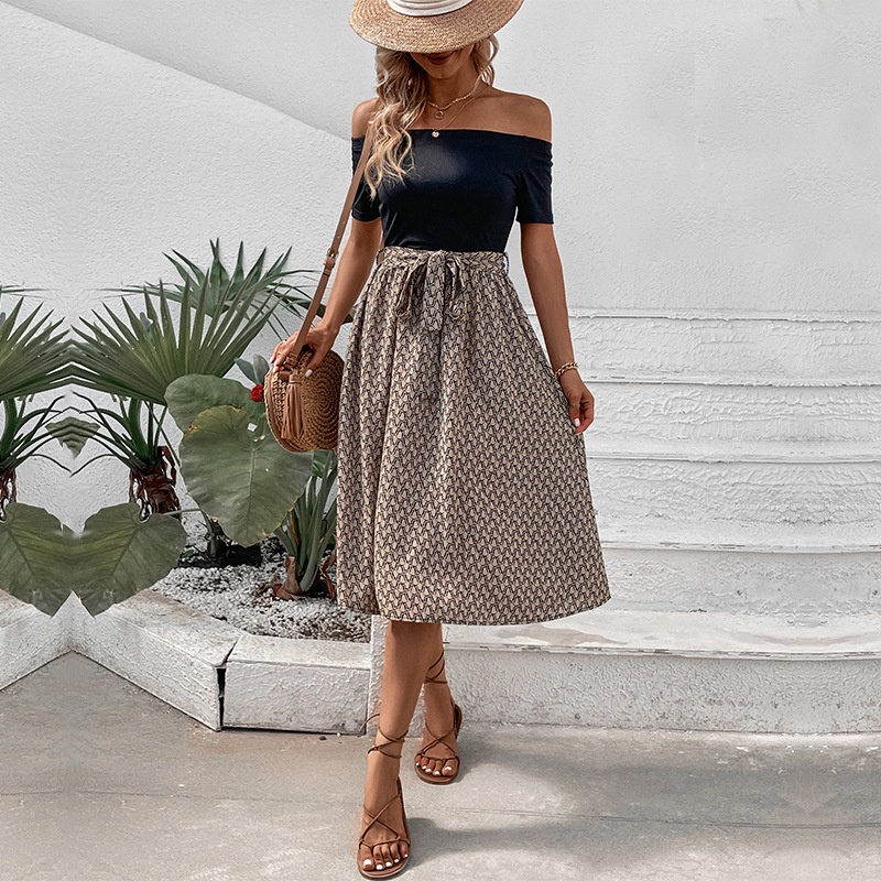 Chic Off Shoulder Black & Print Midi Dress