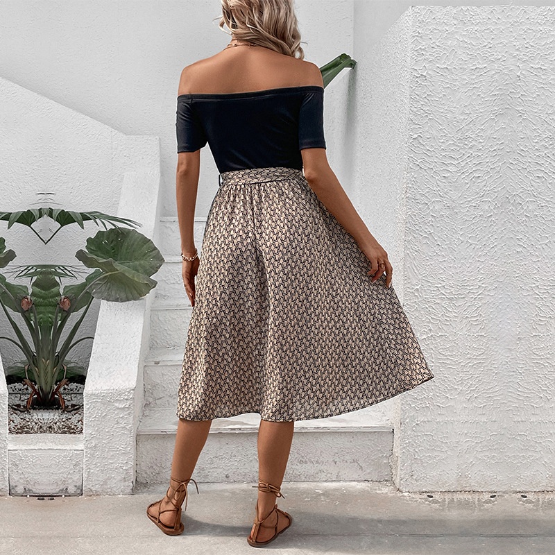 Chic Off Shoulder Black & Print Midi Dress