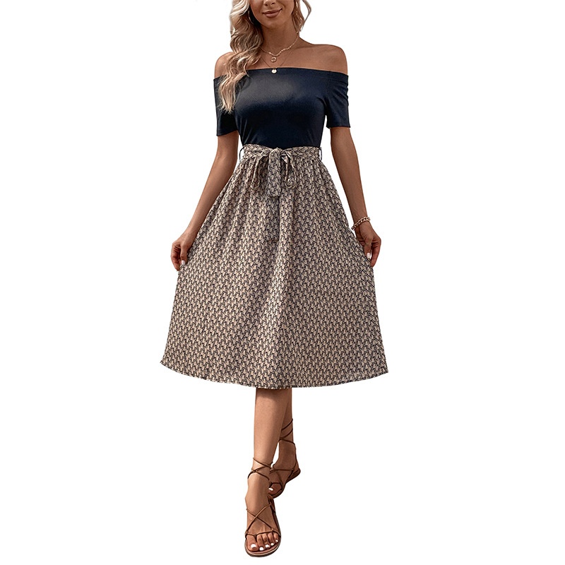 Chic Off Shoulder Black & Print Midi Dress