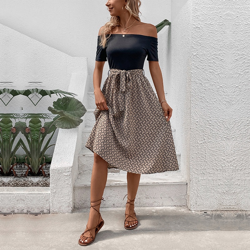 Chic Off Shoulder Black & Print Midi Dress