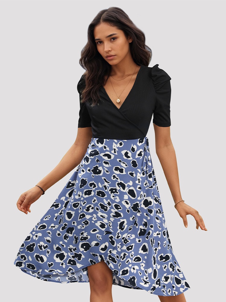 Blue Leopard Print Puff Sleeve V-Neck Wrap Dress