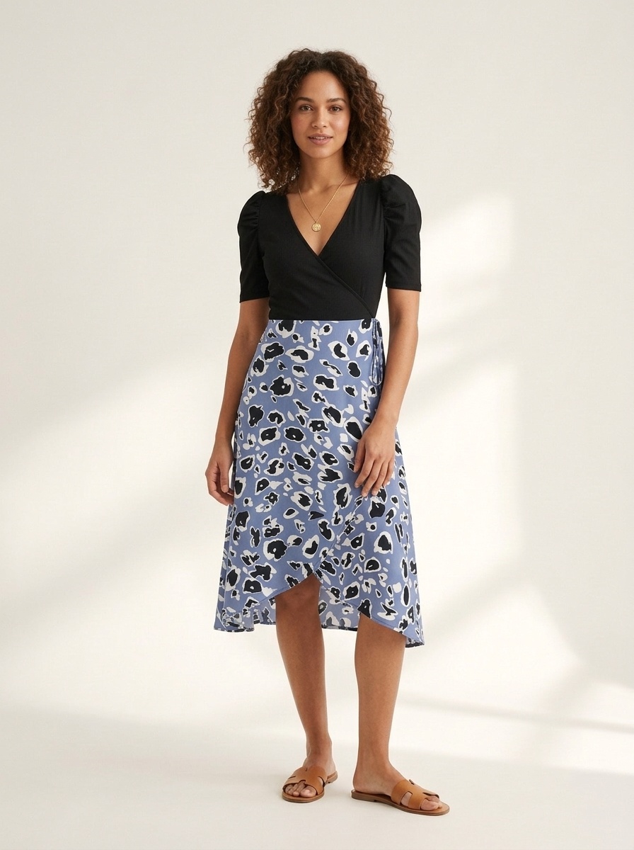 Blue Leopard Print Puff Sleeve V-Neck Wrap Dress