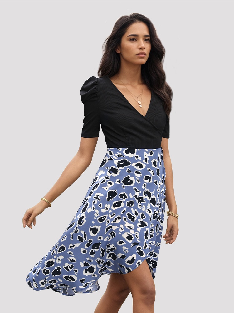 Blue Leopard Print Puff Sleeve V-Neck Wrap Dress