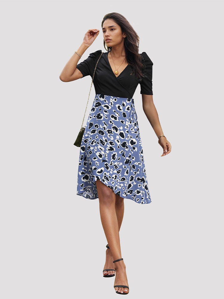 Blue Leopard Print Puff Sleeve V-Neck Wrap Dress
