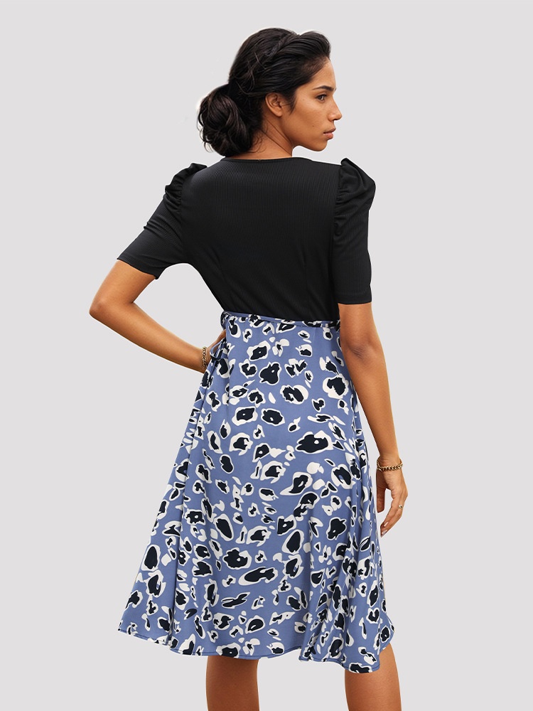 Blue Leopard Print Puff Sleeve V-Neck Wrap Dress