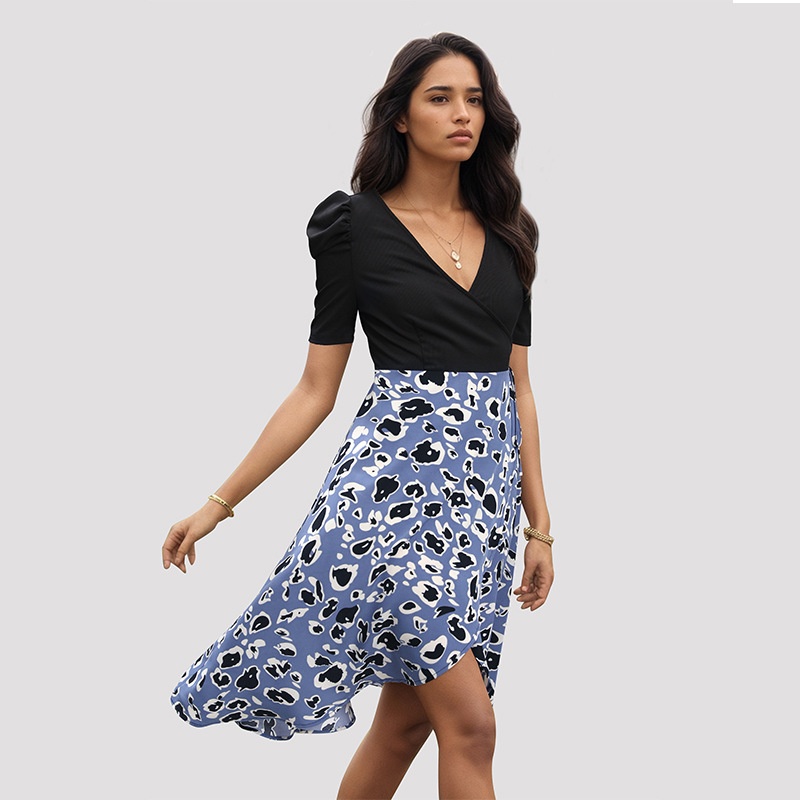 Blue Leopard Print Puff Sleeve V-Neck Wrap Dress