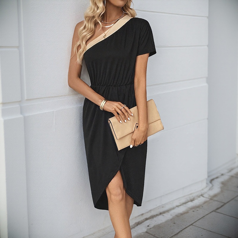 Chic One-Shoulder Black Midi Dress with Beige Accent