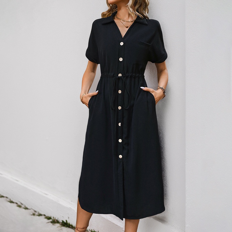 Women's Casual Button-Down Drawstring Midi Dress