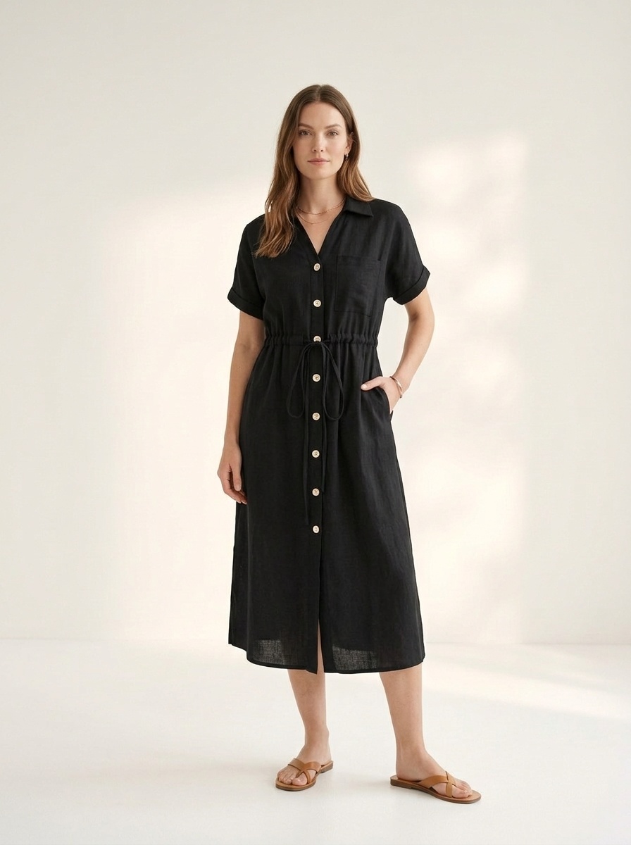 Women's Casual Button-Down Drawstring Midi Dress