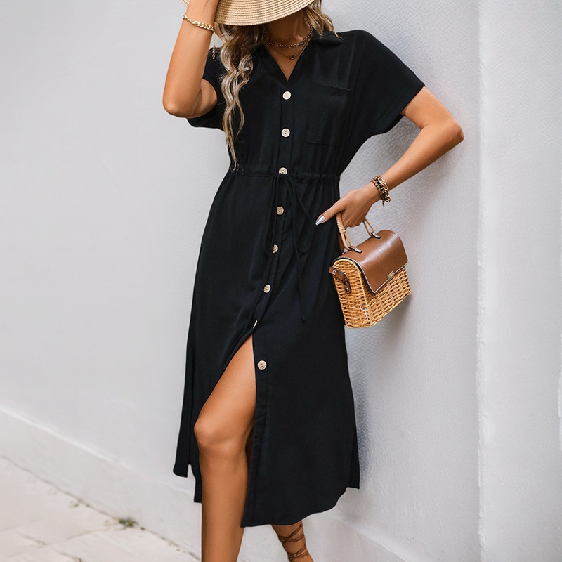 Women's Casual Button-Down Drawstring Midi Dress