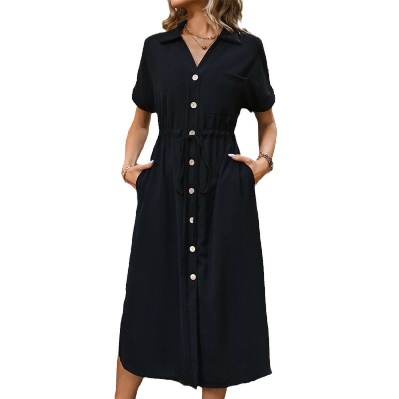 Women's Casual Button-Down Drawstring Midi Dress
