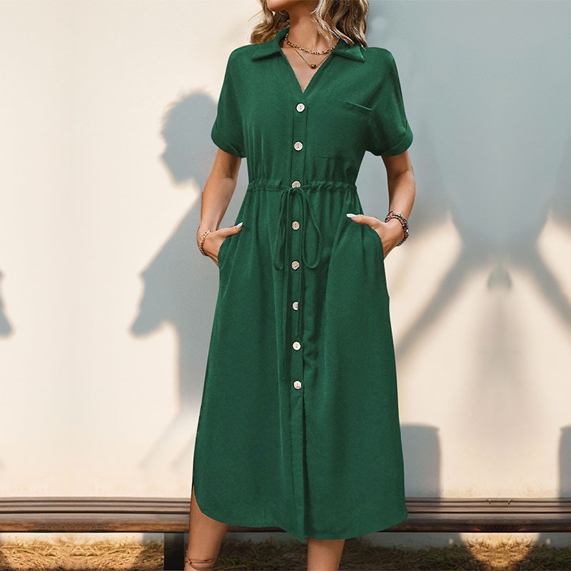 Women's Casual Button-Down Drawstring Midi Dress