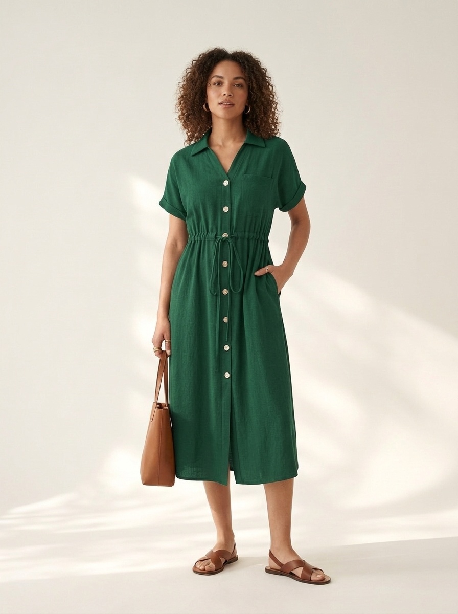 Women's Casual Button-Down Drawstring Midi Dress