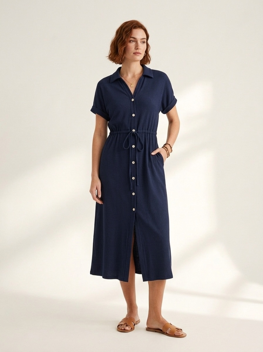 Women's Casual Button-Down Drawstring Midi Dress
