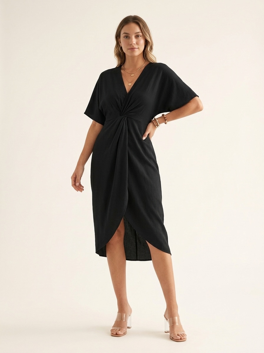 Robe midi élégante à col en V et devant torsadé, manches dolman