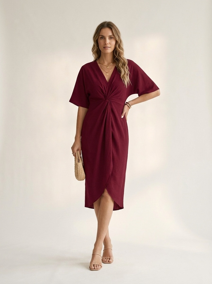 Robe midi élégante à col en V et devant torsadé, manches dolman