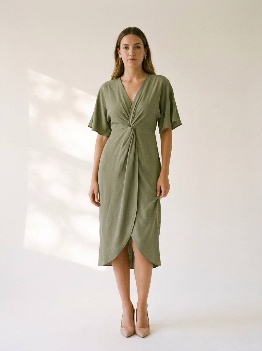 Robe midi élégante à col en V et devant torsadé, manches dolman