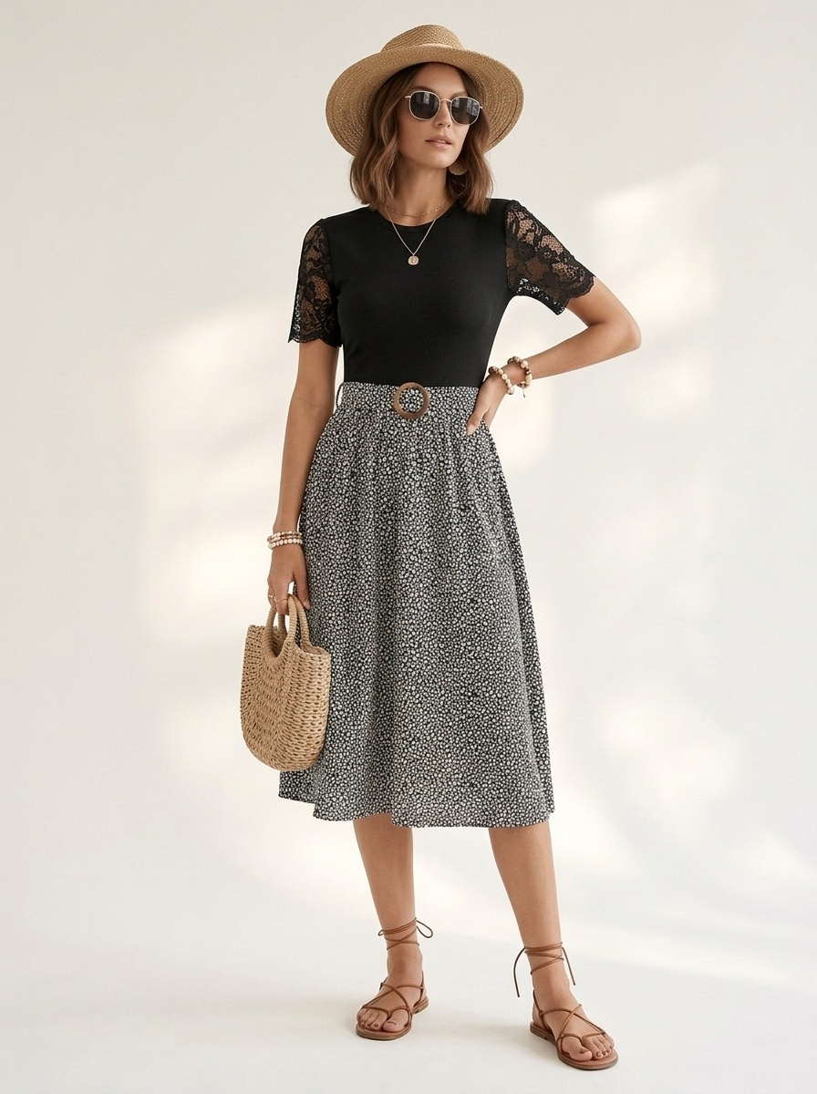 Elegante gonna midi a trapezio con stampa floreale e cintura