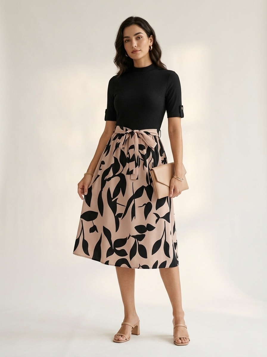 Robe midi à col montant et ceinture, imprimé floral, manches courtes