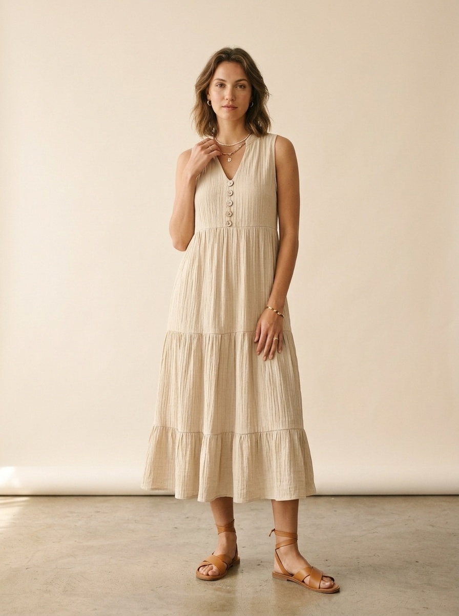 Robe midi bohème sans manches à volants - Col V décontracté été
