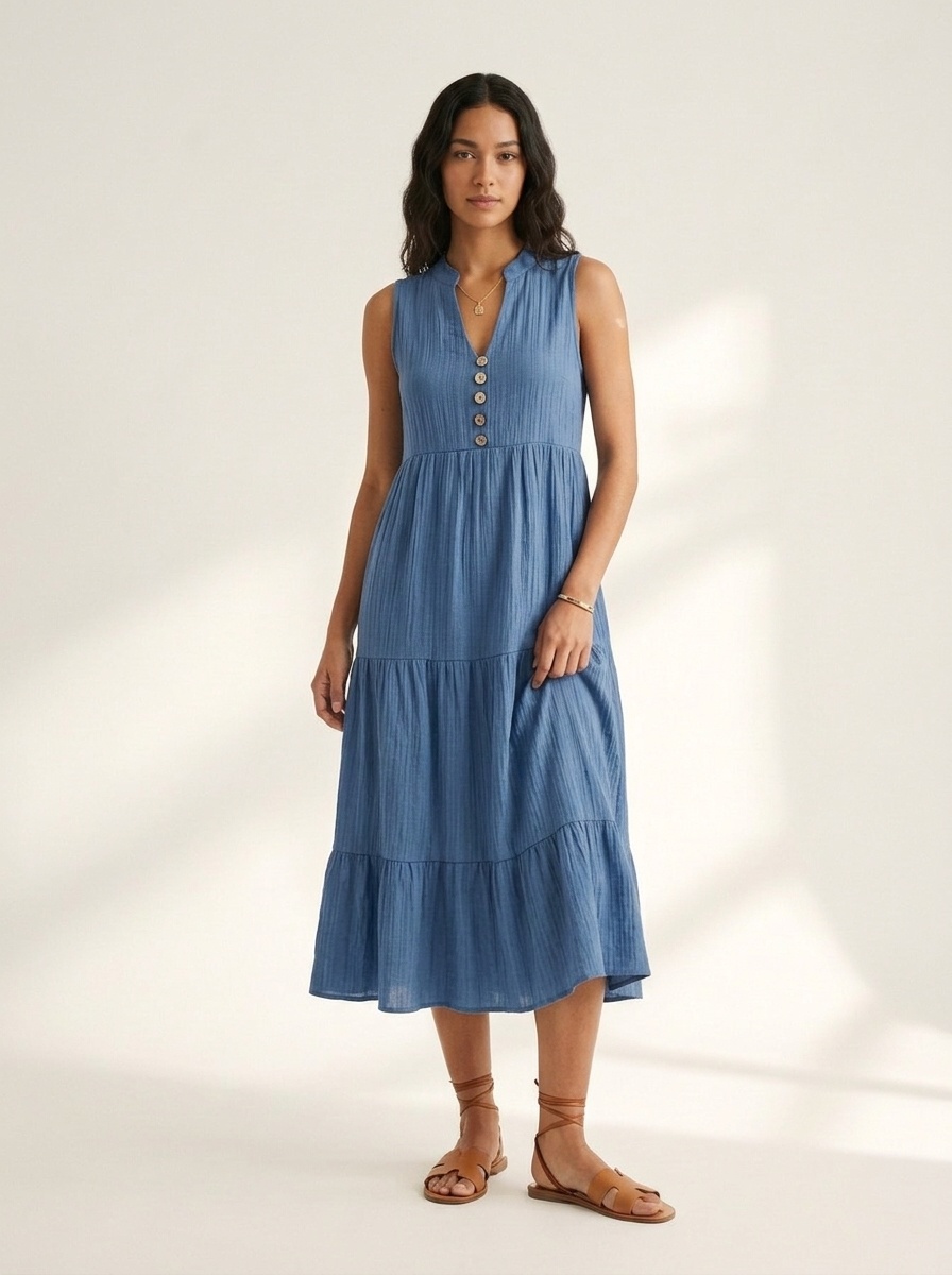 Robe midi bohème sans manches à volants - Col V décontracté été
