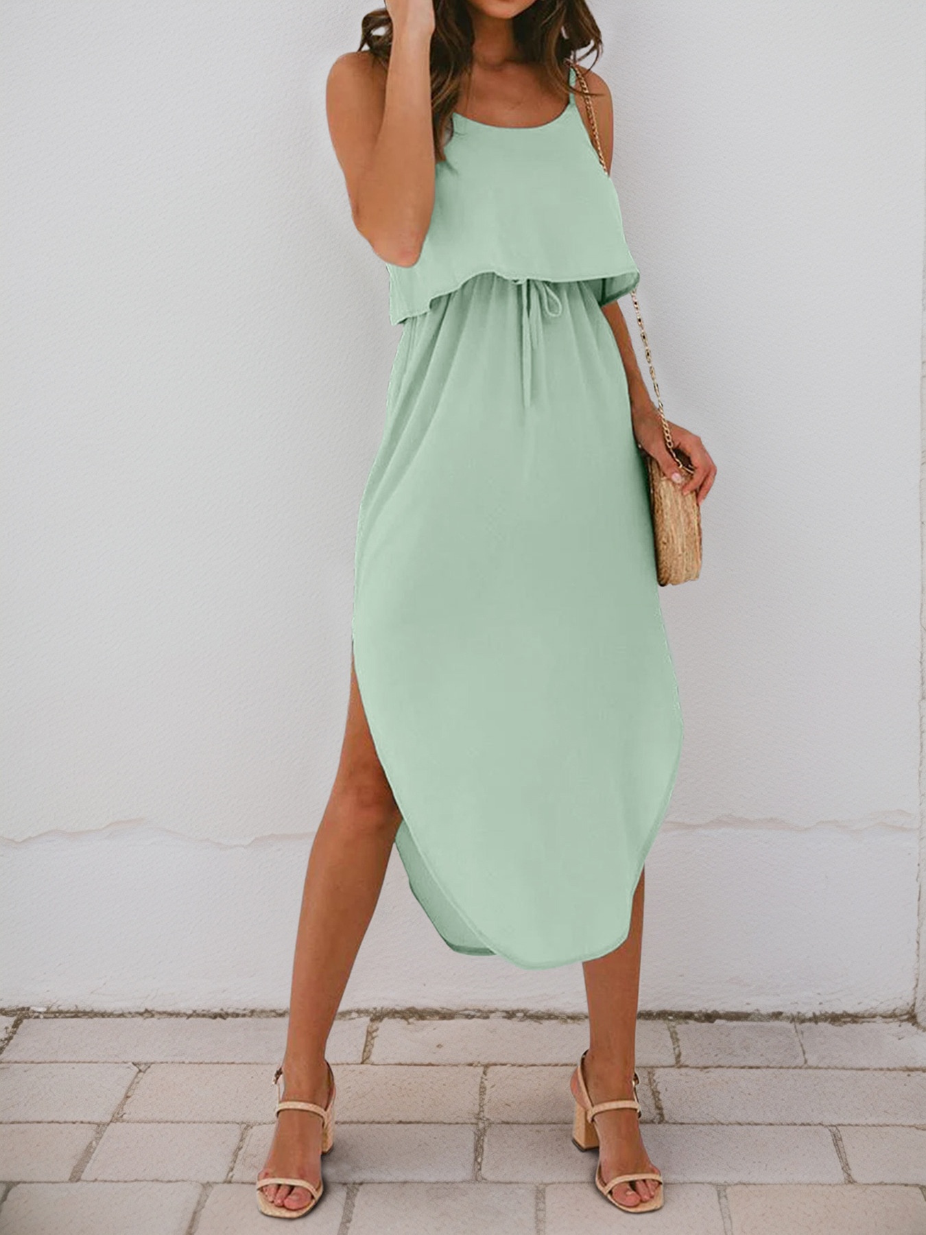 Robe midi vert menthe à taille élastiquée et fentes