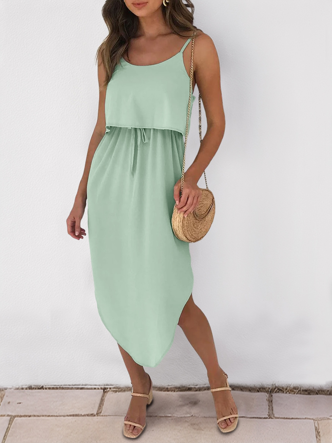 Robe midi vert menthe à taille élastiquée et fentes