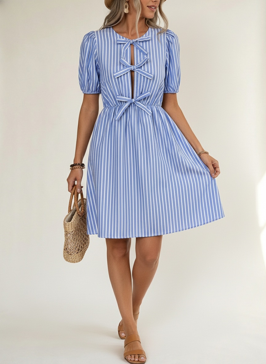 Robe mini à manches bouffantes et nœud ajouré - Rayée et unie